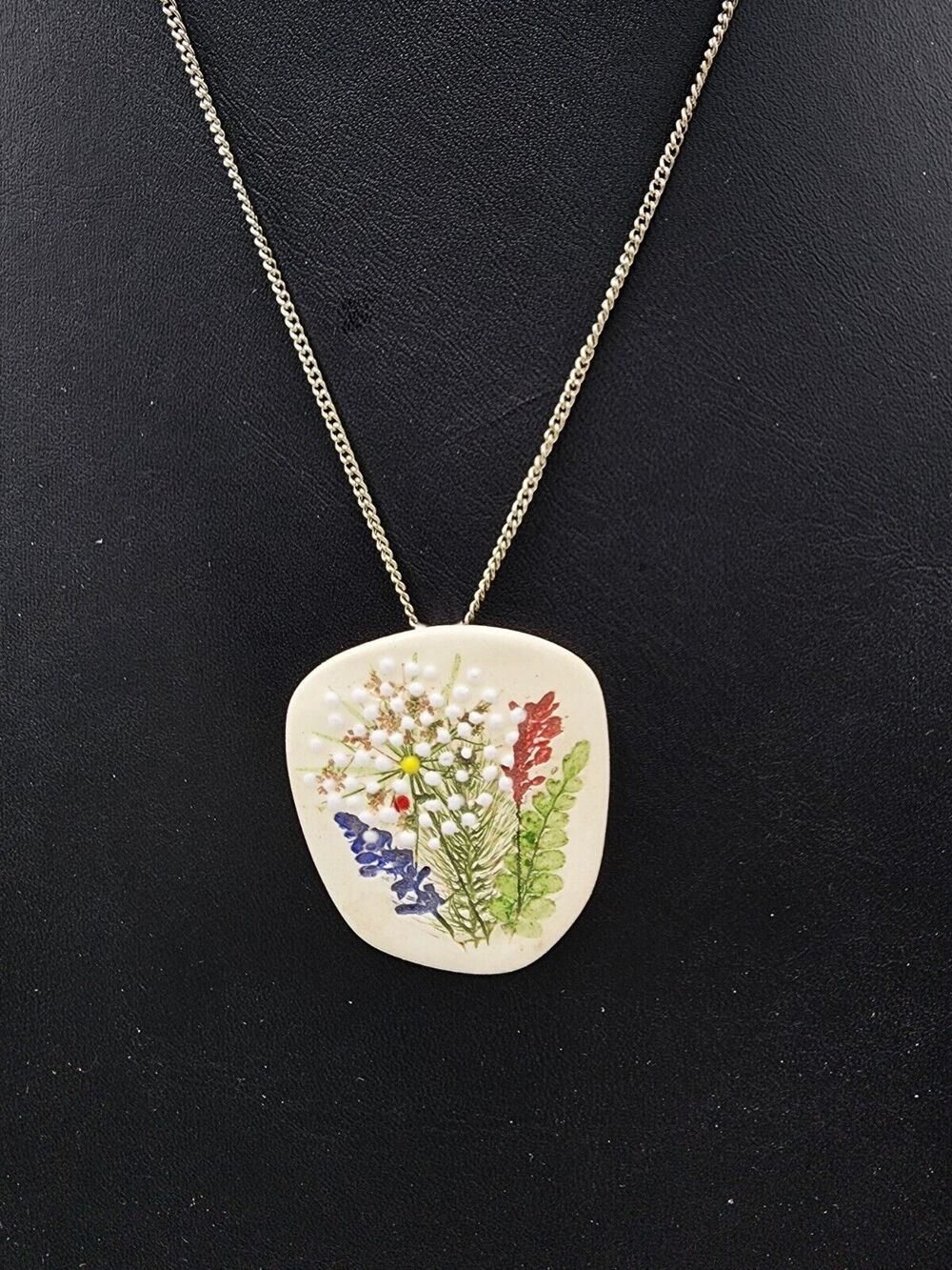 Vintage Flower Brooch Impressed Flowers Hand Made Painted Ceramic Pin Pendant